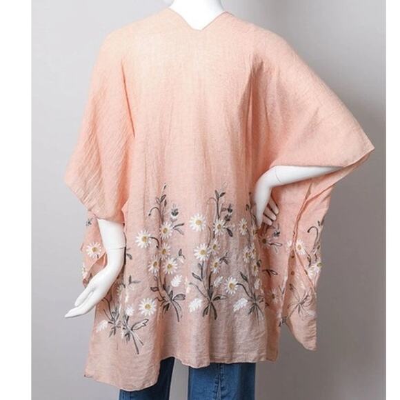 Embroidered Spring Daisy Woven Kimono Wrap Shawl Boho Floral Peach - Picture 2 of 3